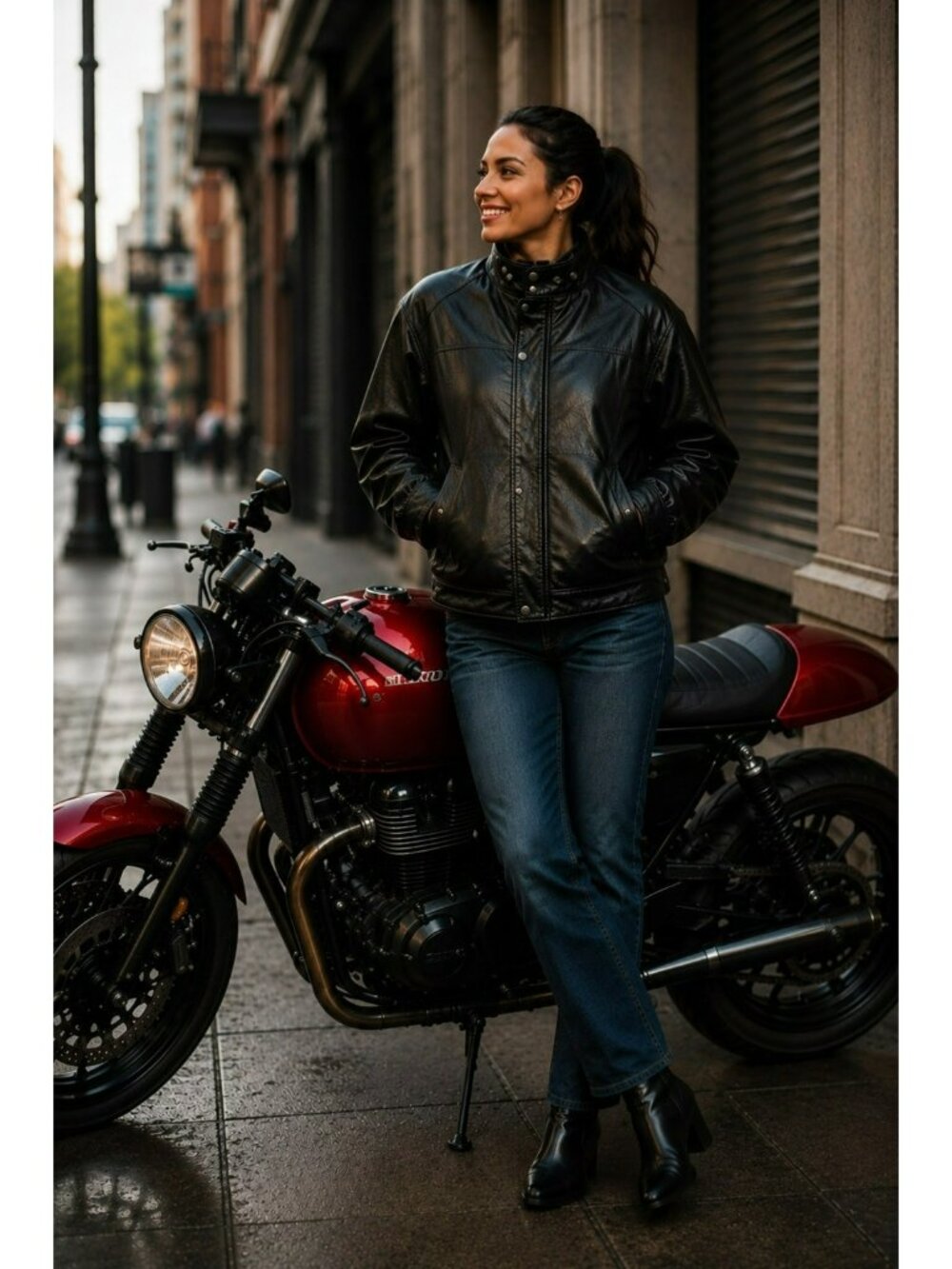 deNaive Leather Moto Bomber Jacket Womens Large Black Snap High Collar - Picture 2 of 14